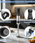 Heavy-Duty 8-In-1 Immersion Blender, 1200W Beast Mode Motor With 5 Speeds, All-Out Hand Blender Kit shown with ergonomic design and metal connections.