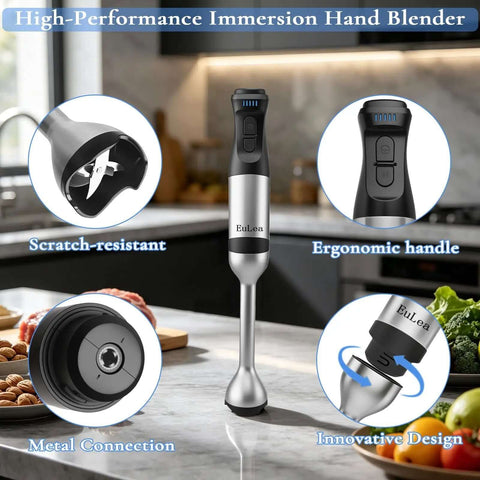 Heavy-Duty 8-In-1 Immersion Blender, 1200W Beast Mode Motor With 5 Speeds, All-Out Hand Blender Kit shown with ergonomic design and metal connections.