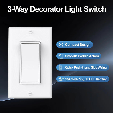 3 Way Decorator Light Switch With Wall Plates Pack of 10 15A 120/277V Decora style white rocker switch with wall plate