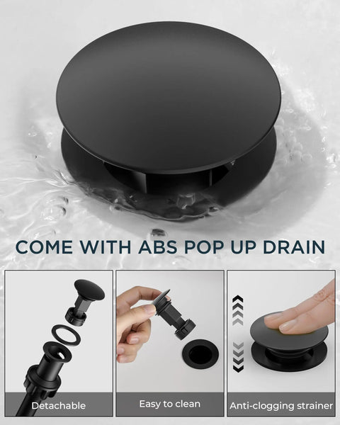 Matte Black 8 Inch Widespread Bathroom Faucet With 3 Holes 2 Handles, pop up drain detail
