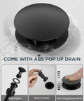 ABS pop up drain with anti-clogging features from Oil Rubbed Bronze 3 Hole Widespread Bathroom Faucet With Pop Up Drain No Drip, 8 Inch, Antique Vanity Tap With CUPC Supply Hoses, Fits 6 to 10 Inch Sinks for a Boss Restroom Remodel.
