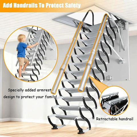 Electric Attic Ladder Pull Down Folding Loft Stairs Built Like A Tank With Top Shelf Alloy Build And Hassle Free Operation Safety Handrails For Effortless Ceiling Access 80X120CM with added handrails