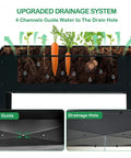Diagram of tall raised garden bed on wheels with extra wide 37.4 inch by 15.7 inch planting box, showing upgraded drainage system.