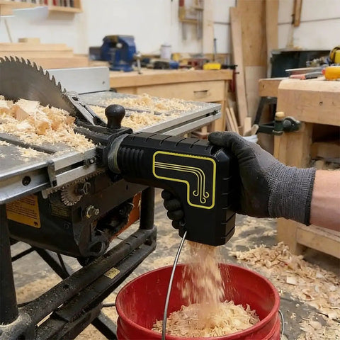 Black Table Saw Dust Collection Adapter With Snap On Dust Port, Tool Free Installation capturing sawdust into a bin