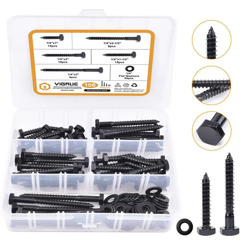 Workhorse Heavy Duty Hex Lag Bolts Set Stainless Steel 304 Black Oxide Coated 108 Piece Kit With Deep Coarse Threads For Superior Hold In Wood