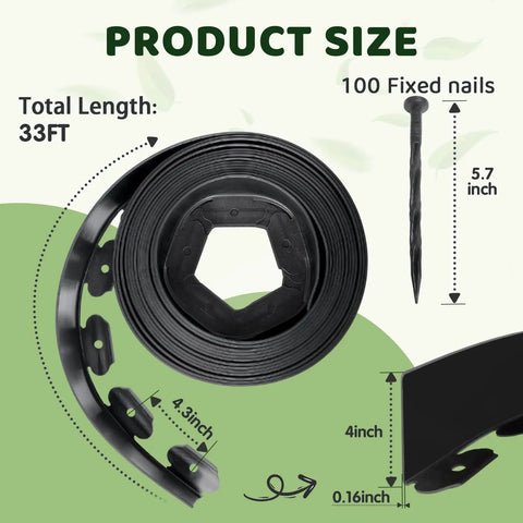 4 Inch By 33 Foot Landscape Edging Kit With 100 Spikes For Lawn Borders Garden Beds Pathways And Yards Flexible Plastic Border Edge Easy Install showing product dimensions and components.