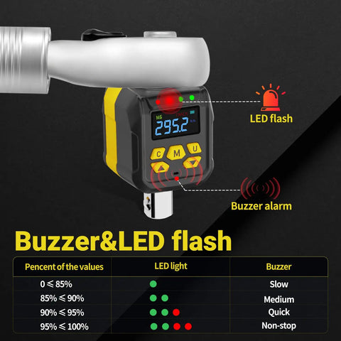 Close-up of Half Inch Drive Digital Torque Adapter With Buzzer And LED Indicator, 15 To 295 Ft-Lb, 20 To 400 Nm showing display and alerts