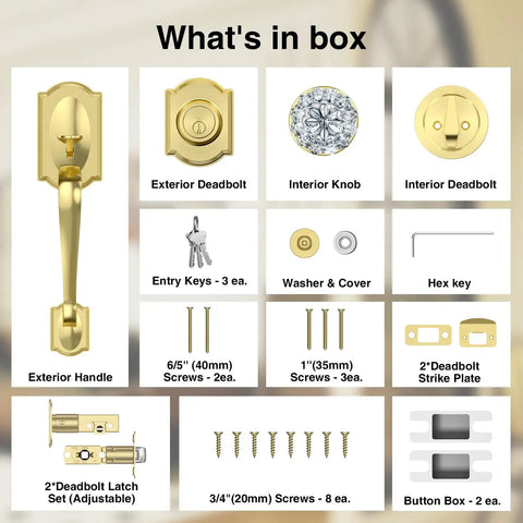 Vintage Gold Front Door Lock Set With Crystal Glass Knob Sleek Dope Reversible Handle And Deadbolt Brushed Gold Exterior Entry Door Hardware With Zinc Alloy Construction For Right Or Left Swing components overview.