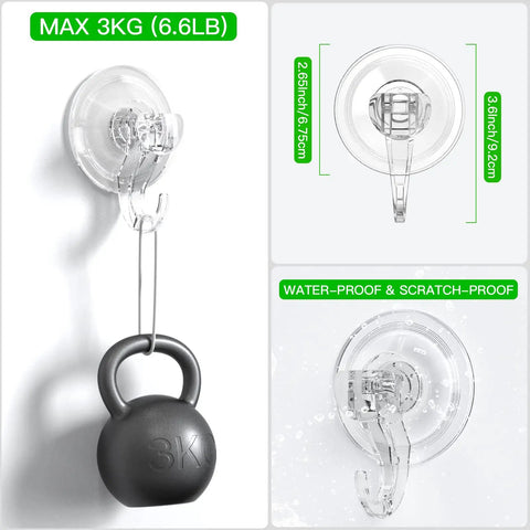 Heavy Duty Suction Cup Hooks Six Pack, Reusable Waterproof Hangers For Shower, holding 3kg weight, glass surface