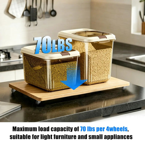 Containers on a wooden board supported by Tiny Half Inch Caster Wheels Set With 360 Degree Swivel Low Profile Plate Casters