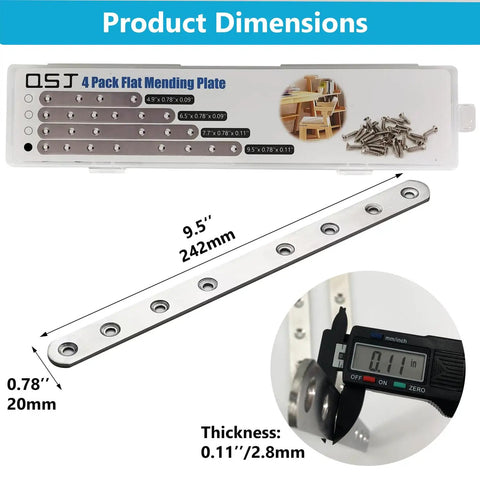 Rock Solid Heavy Duty Wood Furniture Corner Braces Stainless Steel Mending Plates With Screws 4 Pack, 9.5 inch size with thickness of 0.11 inch.