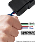 Hand holding wires of 4 Inch Stroke Mini Linear Rail Stage Actuator For DIY CNC Router with color-coded wiring diagram for setup