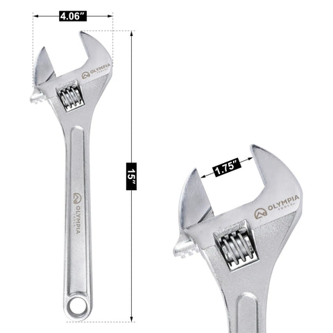 Heavy Duty 15 Inch Adjustable Wrench Built Tough With Drop Forged Steel, Chrome Plated Finish, Precision Machined Jaws