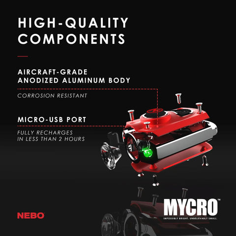 Mycro Keychain Flashlight 400 Lumen Rechargeable EDC Light with aluminum body, micro-USB port, red color, and NEBO branding.