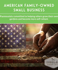 American flag with hands planting seeds in soil, representing an American family-owned small business focused on self-reliance.