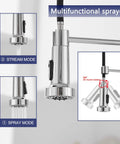Chrome Kitchen Faucet With Pull Out Sprayer showing multifunctional head, stream and spray modes, 360-degree swivel.