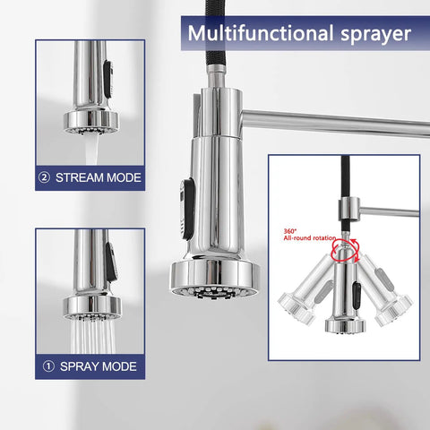 Chrome Kitchen Faucet With Pull Out Sprayer showing multifunctional head, stream and spray modes, 360-degree swivel.