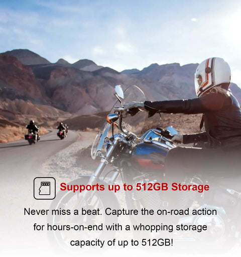 Rider with 4K Helmet POV Action Cam For Motorcycles With 30fps, WiFi in scenic mountain area, showcasing 512GB storage support.