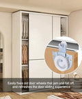 Six Piece Sliding Closet Door Roller Set With Upgraded Bearing Top Rollers Adjustable Screws And Hooks Complete Hardware Replacement for Smooth Wardrobe Closet And Cabinet Door Sliding, showing installed roller on wooden door.