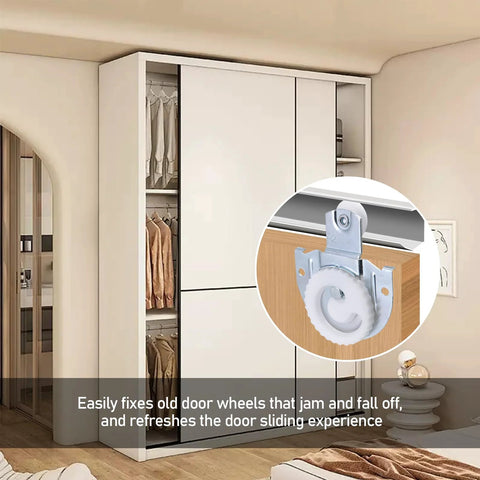 Six Piece Sliding Closet Door Roller Set With Upgraded Bearing Top Rollers Adjustable Screws And Hooks Complete Hardware Replacement for Smooth Wardrobe Closet And Cabinet Door Sliding, showing installed roller on wooden door.