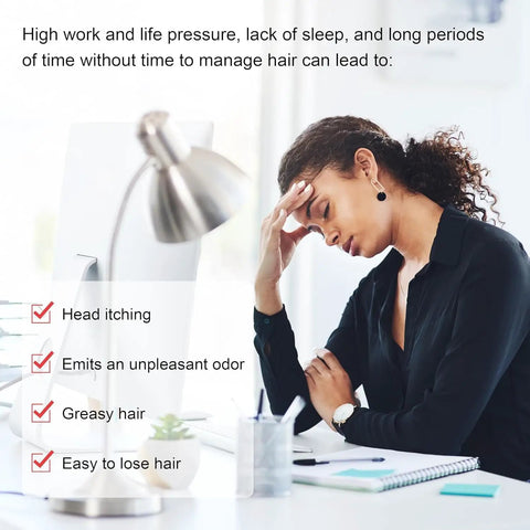 Person sitting at desk with hair care issues text overlay about scalp health