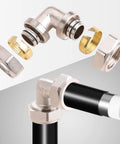 Two Pack 3/4 Inch Elbow Air Fittings Nickel Plated Brass For Shop And Garage, 200 PSI Rating, parts and connection detail