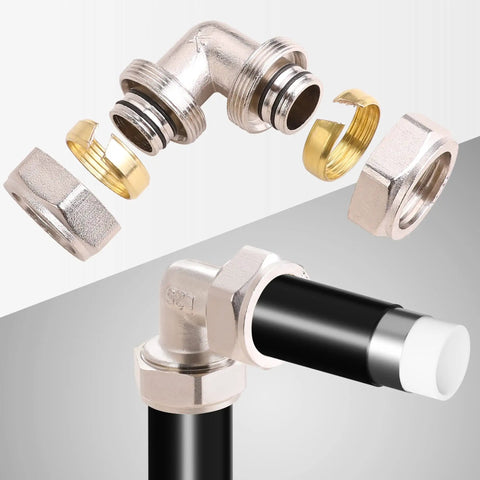 Two Pack 3/4 Inch Elbow Air Fittings Nickel Plated Brass For Shop And Garage, 200 PSI Rating, parts and connection detail