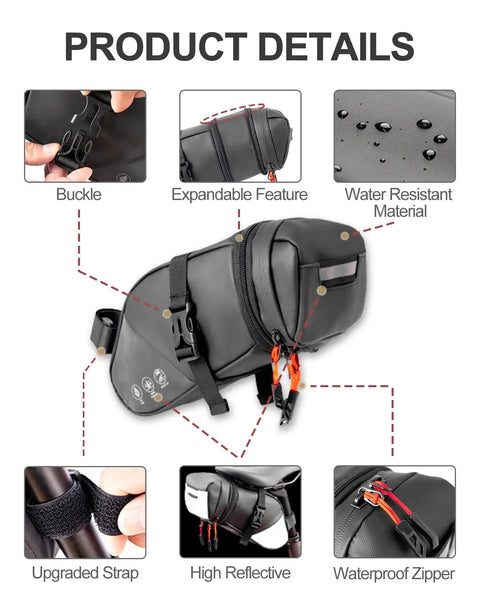 Expandable Bike Seat Bag Under Seat Waterproof Saddle Bag for Mountain Road and Commuter Bikes with 1.5L to 2L capacity