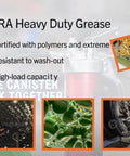 Tub of XTRA Heavy Duty Grease 14 oz for auto, truck, industrial use with background gear and machinery images