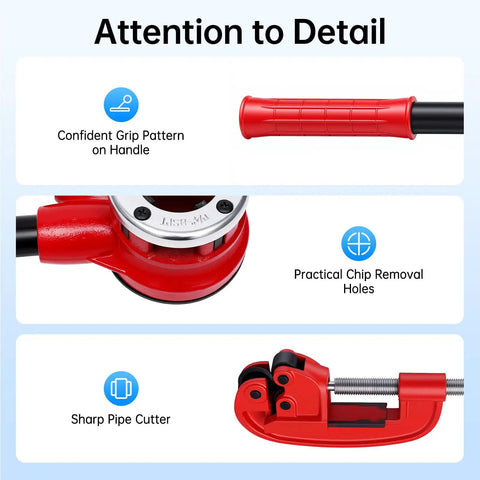 Heavy Duty Ratchet Pipe Threader Kit With Five Swappable Die Heads For Galvanized And Steel Tubing Built Damn Tough showing grip handle, chip holes, and pipe cutter.