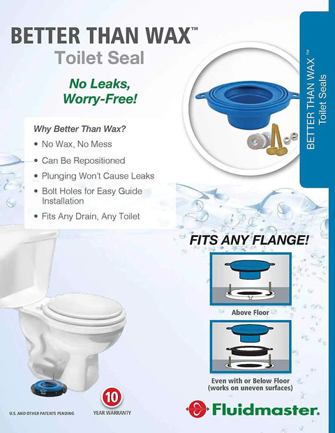 Package showing Wax-Free Toilet Seal That Really Works Universal Gasket Fits Any Drain 2 Pack installation instructions