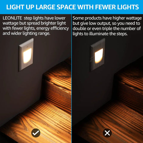 3CCT Dimmable LED Stair Lights for Indoor Outdoor Use 120-277V shown lighting wooden stairs with comparison