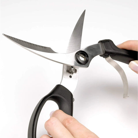 Spring Loaded Poultry Shears Workhorse Heavy Duty Kitchen Shears With Ergonomic Good Grips Safe Lock Curved Blades For Hard To Reach Places And Bone Notch For Stable Cutting Black, stainless steel blades