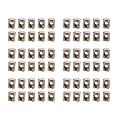 60-piece M6 Cross Dowel Barrel Nuts Set for Hidden Furniture Joints, Carbon Steel with Zinc Plating, arranged neatly in rows