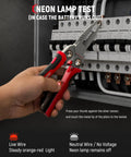 Kick Ass With KAIWEETS 9-In-1 Rechargeable Wire Stripper testing a live wire with NCV feature, showing orange-red light indicator.