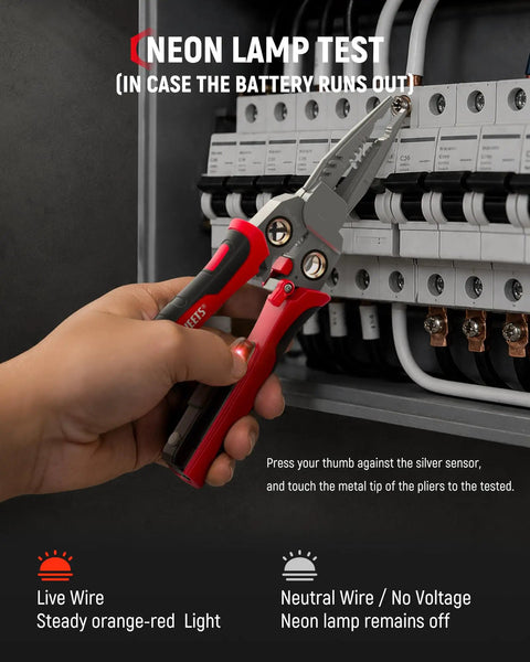 Kick Ass With KAIWEETS 9-In-1 Rechargeable Wire Stripper testing a live wire with NCV feature, showing orange-red light indicator.