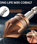 Illustration of a M35 cobalt countersink drill bit highlighting quick change feature and chatter reduction design