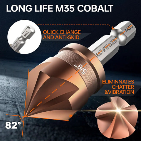 Illustration of a M35 cobalt countersink drill bit highlighting quick change feature and chatter reduction design