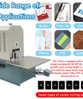 Heavy Duty Electric Corner Rounder With Smooth Foot Pedal And Quick Swap Blades For Paper Vinyl Plastic Film Trimming No Fuss Semi Auto Punch Cutter Straight Up Accuracy image showing various cutting applications and blade types.