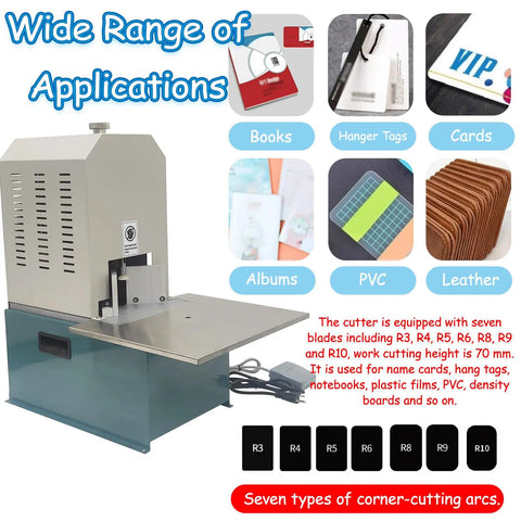 Heavy Duty Electric Corner Rounder With Smooth Foot Pedal And Quick Swap Blades For Paper Vinyl Plastic Film Trimming No Fuss Semi Auto Punch Cutter Straight Up Accuracy image showing various cutting applications and blade types.