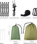 Go To Camping Hammock With Rain Fly Tarp And Built In Mosquito Net, Tree Straps Included, showing ropes, carabiners, and carry bags
