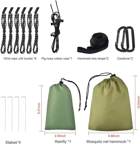 Go To Camping Hammock With Rain Fly Tarp And Built In Mosquito Net, Tree Straps Included, showing ropes, carabiners, and carry bags