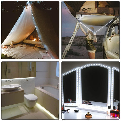 Crazy Bright 16.4 Ft Daylight 6000K LED Strip Light used in outdoor tent, car rooftop, bathroom, and vanity setup.