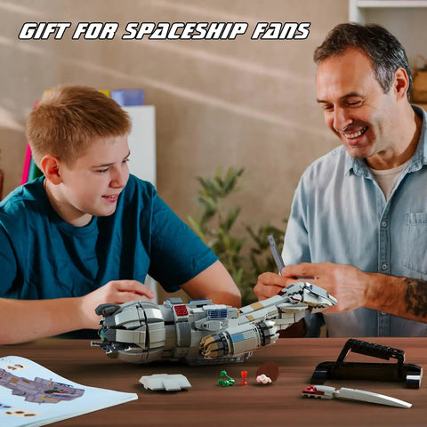 Adults assembling Epic Sci-Fi Spaceship Building Set, 1345-Piece Space War Ship Model, LEGO-Compatible on table.