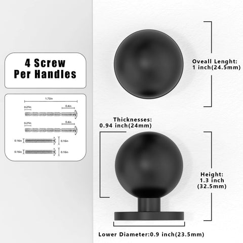Dimensions of Matte Black Round Kitchen Cabinet Knobs And Drawer Knobs Set, 10 Pack; includes thickness, height, diameter, and screw details.
