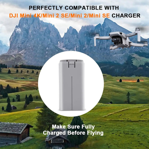 Smart Flight Battery For DJI Mini Series Replacement 2400mAh displayed against mountainous landscape with drone in background