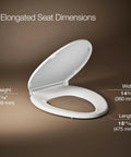 Dimensions of ReadyLatch Quiet Close Elongated Toilet Seat With Grip Tight Hardware Easy Above Bowl Install shown with measurements