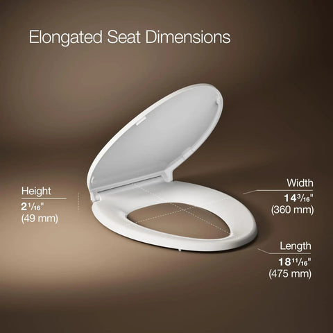 Dimensions of ReadyLatch Quiet Close Elongated Toilet Seat With Grip Tight Hardware Easy Above Bowl Install shown with measurements