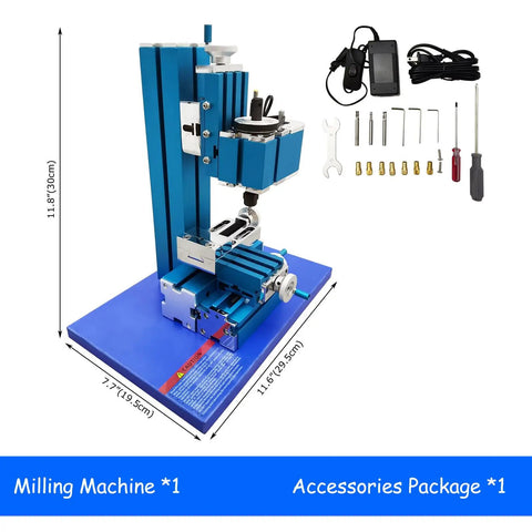 Compact Mini Metal Milling Machine With AC100V-240V Power, shown with accessories and detailed measurements on display.