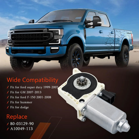 Direct Replacement Electric Side Step Motor Kit For Running Boards shown with compatibility list and blue truck